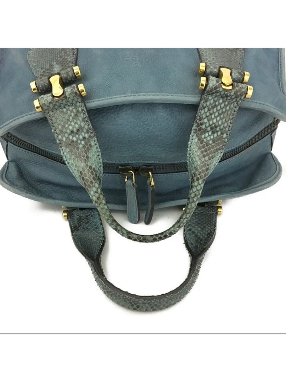 Authentic GUCCI Blue/Green Nubuck Leather Tote Satchel Bag - Picture 5 of 11